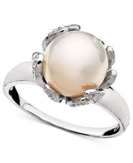 Belle de Mer Sterling Silver Ring, Cultured Freshwater Pearl (10mm) and Diamond Accent Flower   Rings   Jewelry & Watches