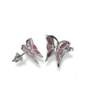 Pink Shell Inlay Butterfly Sterling Silver Post Stud Earrings Jewelry