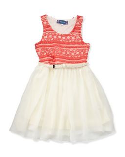 2 Tone Lace/Chiffon Belted Dress, Coral/Ivory, 12 14