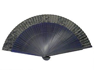Japanese Design Silk Handheld Folding Fan, Blue Swirls and Patterns, Long Frame HF 206 P