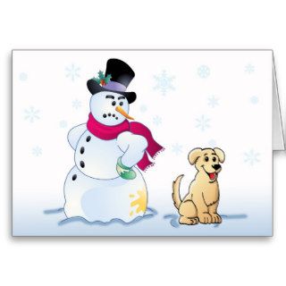 yellow Lab Pup and Snowman Greeting Cards