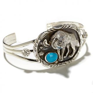Chaco Canyon Southwest "Wolf" and Turquoise Sterling Silver Cuff Bracelet