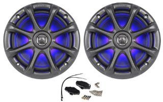 Pair of Kicker 11KM6LC Charcoal Grey 6" / 6.5" 4 Ohm Coaxial Marine Speakers 195 Watts Peak / 65 Watts RMS Each Speaker With Vivid Blue LED Accent Lighting  Component Vehicle Speaker Systems 