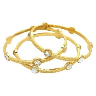 Womens 3 Row Textured Bangle Set with Round Stone Stations   Gold/Clear (2