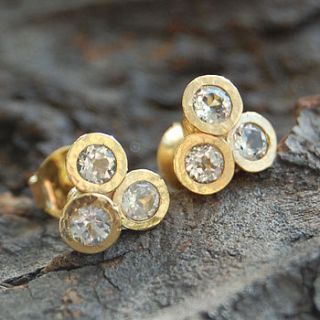 gold white topaz triple stud earrings by embers semi precious and gemstone designs