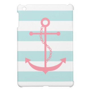 White Mint & Pink Wide Stripes Pattern Anchor iPad Mini Covers
