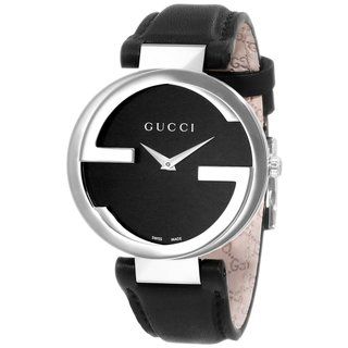 Gucci Women's Interlocking Black Leather Steel Case Watch Gucci Women's Gucci Watches