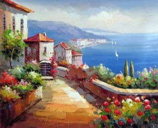 Oil Painting on Canvas Spainish Seashore Town Island Boat Seascape (48 x 72 Inch (122 x 183 CM))   Oil Painting Mediterranean