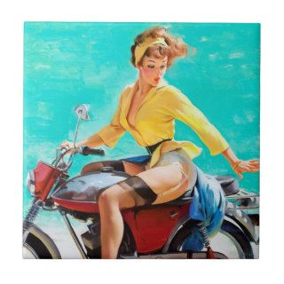 Vintage Motorcycle Rider Gil Elvgren Pinup Girl Ceramic Tile