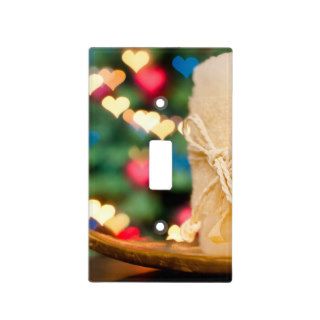 Beige candle and colourful heart bokeh Christmas Light Switch Plate