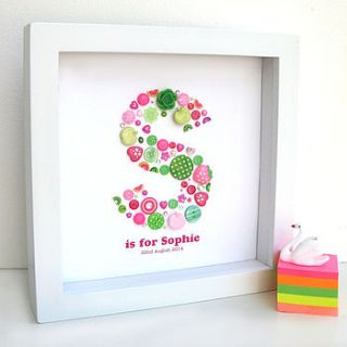 personalised baby girl button letter artwork by sweet dimple