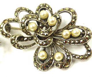 vintage silver marcasite pearl brooch by ava mae designs