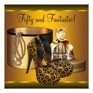High Heel Shoes Womans Gold Leopard 50th Birthday Personalized Announcement