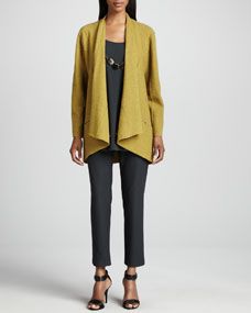 Eileen Fisher Lightweight Boiled Wool Jacket, Silk Jersey Long Tunic & Crepe Slim Ankle Pants, Womens