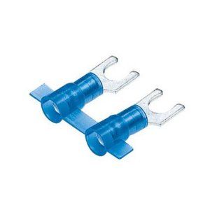 Panduit PNF14 10SLF 3K Real Smart System Short Locking Fork Terminals, Nylon Insulated, Funnel Entry, 16   14. AWG Wire Range, Blue, #10 Stud Size, 0.03" Stock Thickness, 0.162" Max Insulation, 0.33" Width, 0.23" Center Hole Diameter, 0