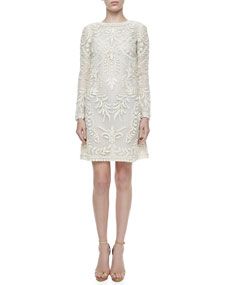 Oscar de la Renta Long Sleeve Embroidered Dress, Ivory