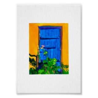 Hollyhocks & Blue Door Poster