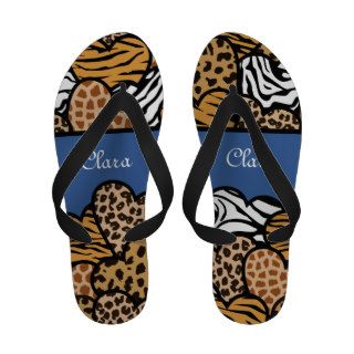 Blue Girly animal print hearts with a name Flip Flops