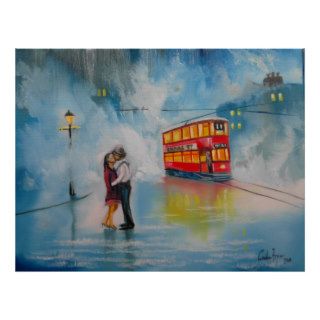 RAINY DAY UMBRELLA RED TRAM kissing couple Poster