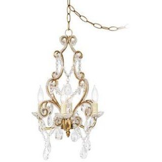 Antique Gold with Clear Beads Swag Plug In Chandelier   Crystal Chandelier Plug In  