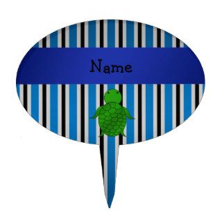 Personalized name sea turtle blue stripes cake toppers