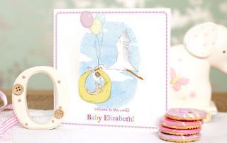 personalised new baby girl card 'stork' by olivia sticks with layla