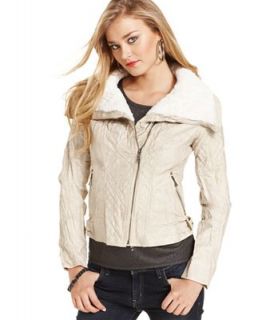 GUESS Jacket, Faux Leather Faux Fur Trim Moto   Jackets & Blazers   Women