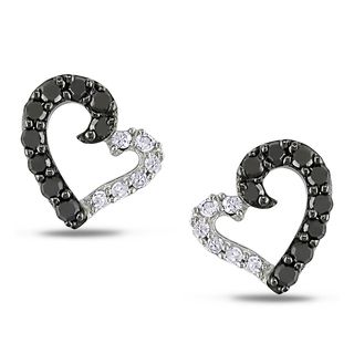 Miadora 10k White Gold 1/4ct TDW Black and White Diamond Heart Earrings Miadora Diamond Earrings