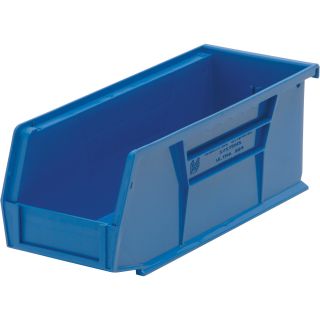 Quantum Storage Heavy Duty Stacking Bins — 10 7/8in. x 4 1/8in. x 4in. Size, Blue, Carton of 12  Ultra Stack   Hang Bins