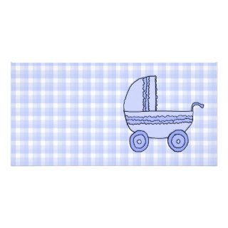 Baby Stroller. Light Blue on Check Pattern. Photo Card Template