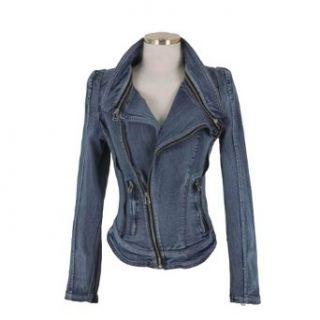 Zicac Women Punk Lapel Zipper Denim Jean Coat Blazer Jacket stylish Crop Biker Zip Up (L(US6)) Blazers And Sports Jackets
