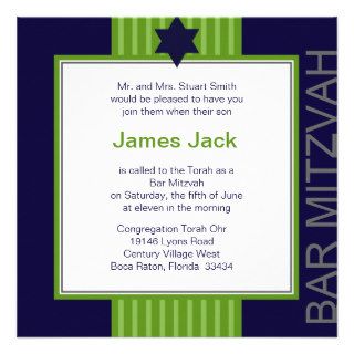 Star of David Bar Mitzvah   green & blue ribbon Personalized Invitation