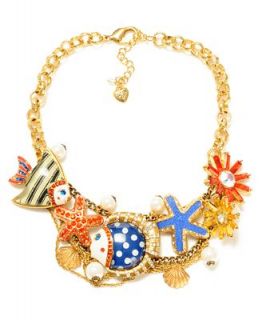 Betsey Johnson Gold Tone Fish Multi Charm Frontal Statement Necklace   Fashion Jewelry   Jewelry & Watches