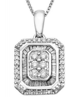 Diamond Necklace, Sterling Silver Baguette and Round Cut Diamond Rectangle Pendant (1/2 ct. t.w.)   Necklaces   Jewelry & Watches