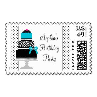 Teal Zebra Birthday Cake Postage Stamps