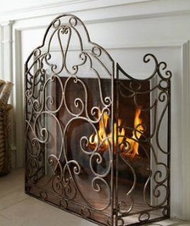 Ornate Antique Gold Scroll Iron Fireplace Screen  