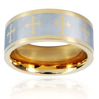 Crucible Goldtone Stainless Steel Men's Laser Cross Design Ring West Coast Jewelry Men's Rings