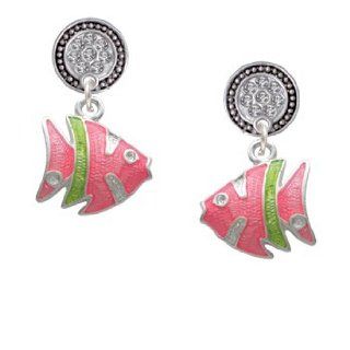 Hot Pink Tropical Fish with Lime Green Stripe Clear Crystal Silver Disc Lulu Jewelry
