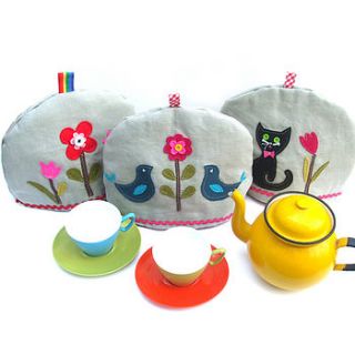 appliqué folk linen tea cosy by sewgirl