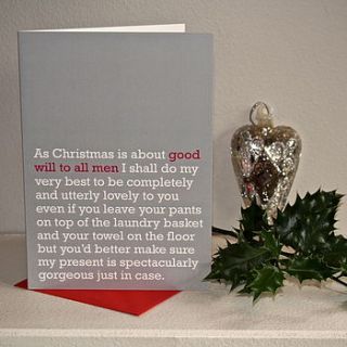 'good will to all men' christmas card by the right lines