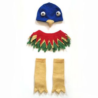 knitted parrot hat collar and booties set by the miniature knit shop