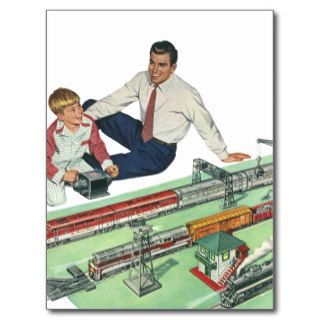 Vintage Father's Day, Dad and Son Play with Trains Post Cards