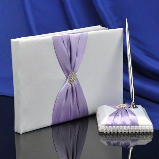 Topwedding Rhinestone Wedding Guest Book and Pen SET Elegant GUESTBOOK, White and Lilac   Office Guest Registry Books