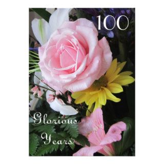 100th Birthday Celebration Pink Rose Bouquet Custom Announcements