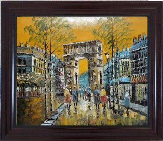 Paris Arch de Triumph Oil Painting, with Dark Cherry Wood Frame 25x29 Inch  