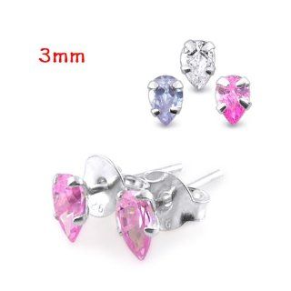 3 Pairs Pack Mix Color of 3mm Pear CZ Stone with 925 Sterling Silver Stud Earring. Body Piercing Rings Jewelry