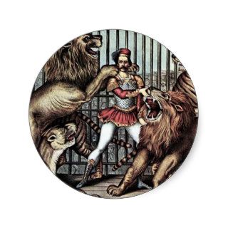 Lion Tamer In Cage With Lions Circus Poster Round Sticker