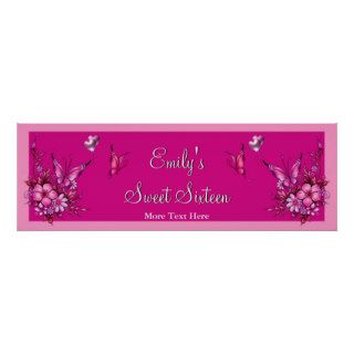 Banner Sweet 16 Pink Flowers Butterfly Birthday Posters