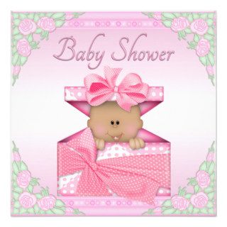 Ethnic Baby Girl in Gift Box and Roses Baby Shower Personalized Announcement