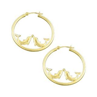 14K Yellow Gold ''Kissing Dolphin'' Hoop Earrings Katarina Jewelry